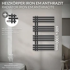 Badheizkörper Mittelanschluss 600x1000 mm Anthrazit mit Boden Anschlussgarnitur LuxeBath