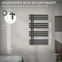 Badheizkörper Mittelanschluss 600x1000 mm Anthrazit mit Heizstab 300W LuxeBath