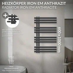 Badheizkörper Mittelanschluss 600x1000 mm Anthrazit mit Universal Anschlussgarnitur LuxeBath