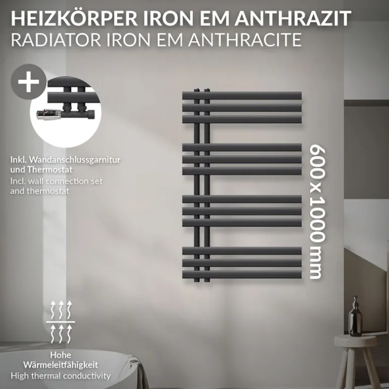 Badheizkörper Mittelanschluss 600x1000 mm Anthrazit mit Wand Anschlussgarnitur LuxeBath