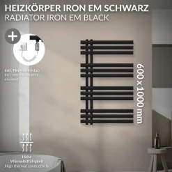 Badheizkörper Mittelanschluss 600x1000 mm Schwarz matt mit Heizstab 300W LuxeBath