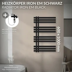 Badheizkörper Mittelanschluss 600x1000 mm Schwarz matt mit Heizstab 300W LuxeBath