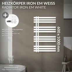Badheizkörper Mittelanschluss 600x1000 mm Weiß mit Boden Anschlussgarnitur LuxeBath