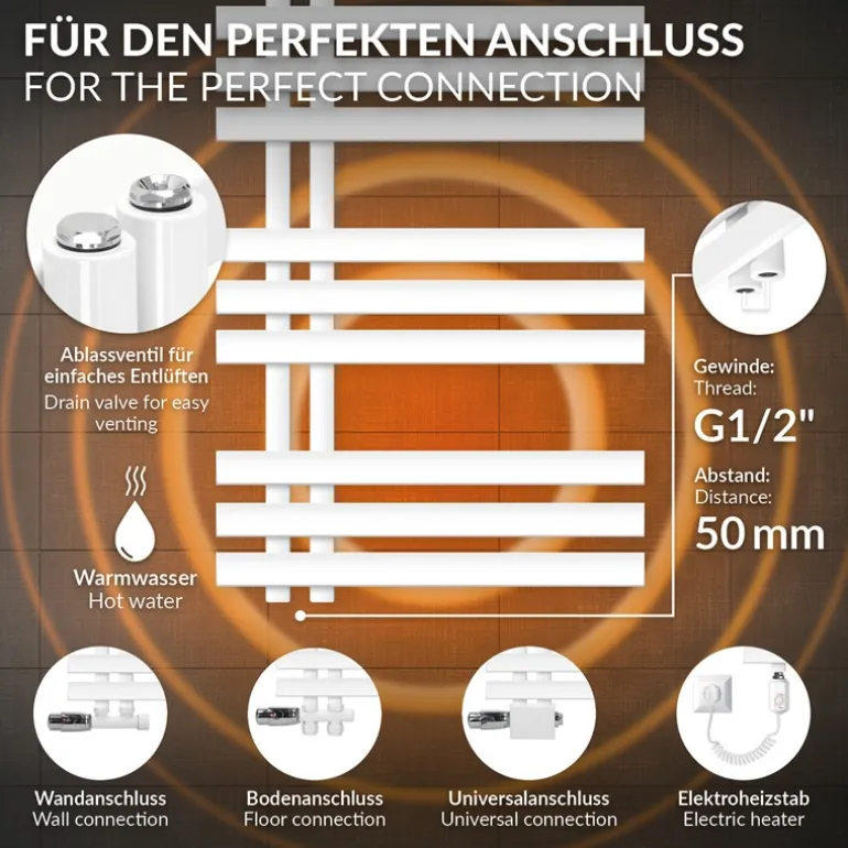 Badheizkörper Mittelanschluss 600x1000 mm Weiß mit Boden Anschlussgarnitur LuxeBath