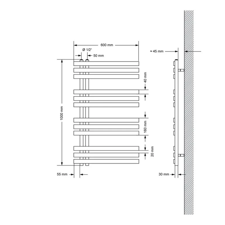 Badheizkörper Mittelanschluss 600x1000 mm Weiß mit Boden Anschlussgarnitur LuxeBath