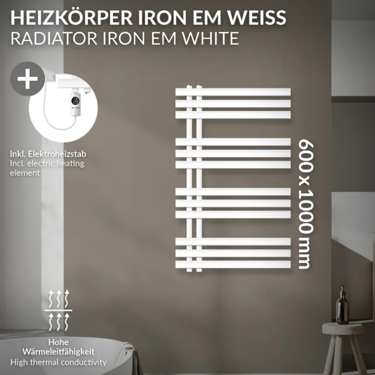 Badheizkörper Mittelanschluss 600x1000 mm Weiß mit Heizstab 300W LuxeBath