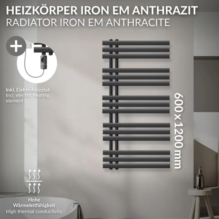 Badheizkörper Mittelanschluss 600x1200 mm Anthrazit mit Heizstab 1200W LuxeBath