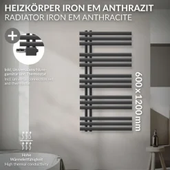 Badheizkörper Mittelanschluss 600x1200 mm Anthrazit mit Universal Anschlussgarnitur LuxeBath