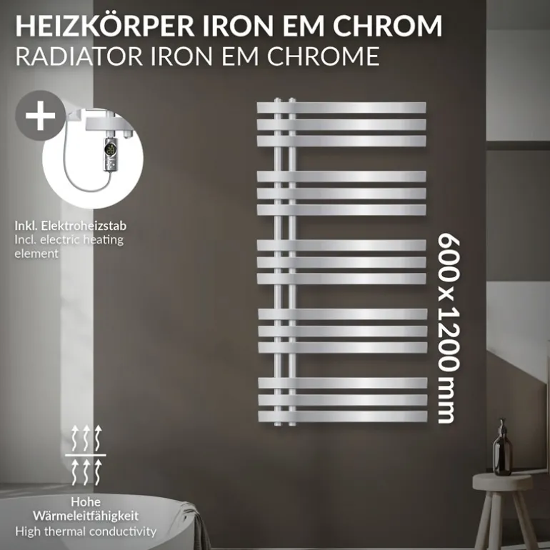 Badheizkörper Mittelanschluss 600x1200 mm Chrom mit Heizstab 1200W LuxeBath