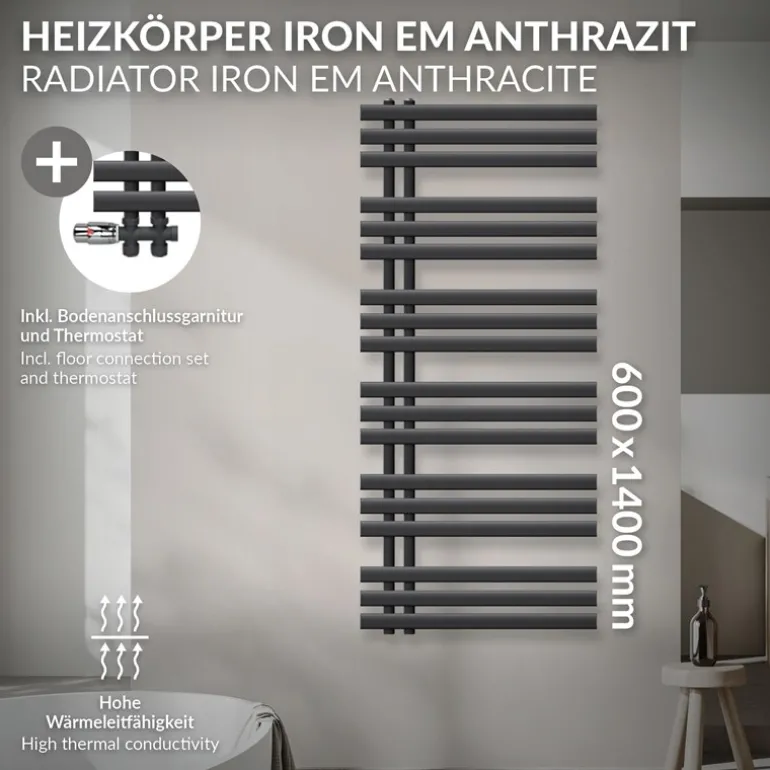 Badheizkörper Mittelanschluss 600x1400 mm Anthrazit mit Boden Anschlussgarnitur LuxeBath