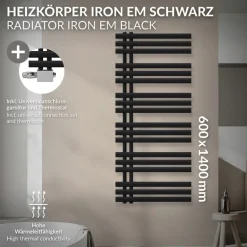 Badheizkörper Mittelanschluss 600x1400 mm Schwarz matt mit Universal Thermostatventil LuxeBath