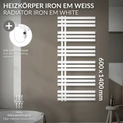 Badheizkörper Mittelanschluss 600x1400 mm Weiß mit Heizstab 1200W LuxeBath