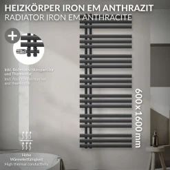 Badheizkörper Mittelanschluss 600x1600 mm Anthrazit mit Boden Anschlussgarnitur LuxeBath