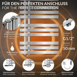 Badheizkörper Mittelanschluss 600x1600 mm Chrom mit Heizstab 1200W LuxeBath