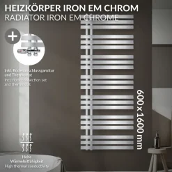 Badheizkörper Mittelanschluss 600x1600 mm Chrome mit Boden Anschlussgarnitur LuxeBath