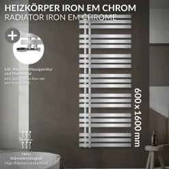 Badheizkörper Mittelanschluss 600x1600 mm Chrome mit Wand Anschlussgarnitur LuxeBath