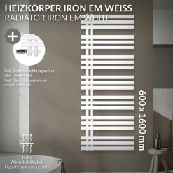 Badheizkörper Mittelanschluss 600x1600 mm Weiß mit Boden Anschlussgarnitur LuxeBath