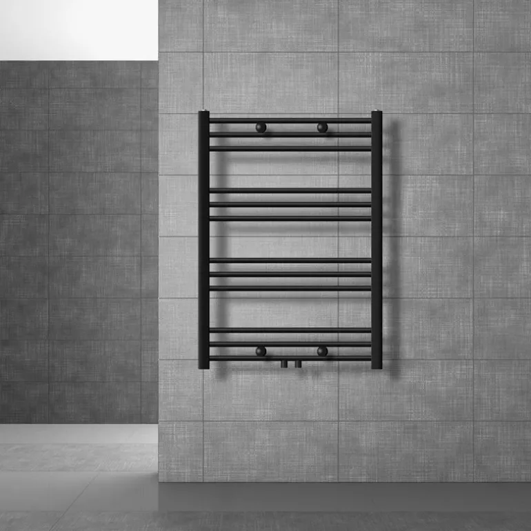 Badheizkörper Mittelanschluss 750x800 mm Schwarz matt gebogen mit Boden Anschlussgarnitur LuxeBath