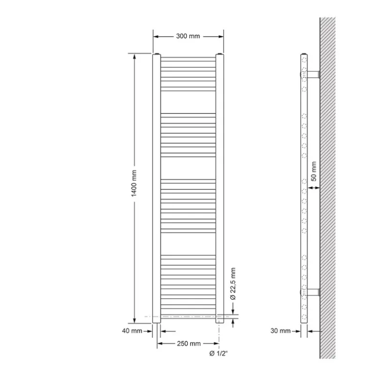 Badheizkörper Sahara mit Heizstab 900W 300x1400 mm Anthrazit gerade mit Seitenanschluss