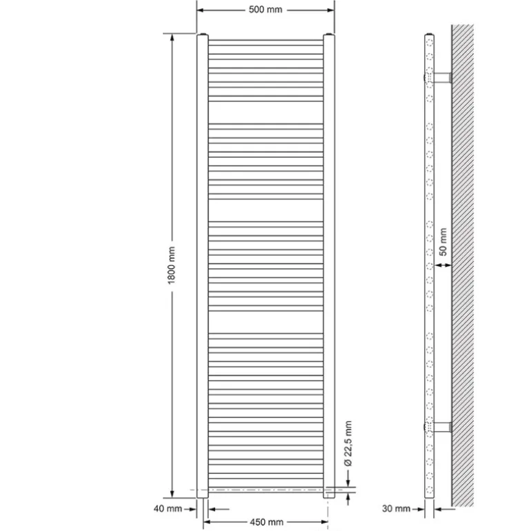 Badheizkörper Sahara mit Heizstab 900W 500x1800 mm Weiß gerade mit Seitenanschluss