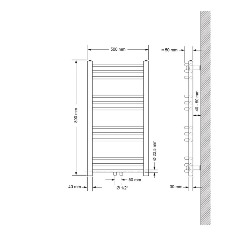 Badheizkörper Sahara 500x800 mm Chrome gebogen mit Mittelanschluss und Boden Anschlussgarnitur