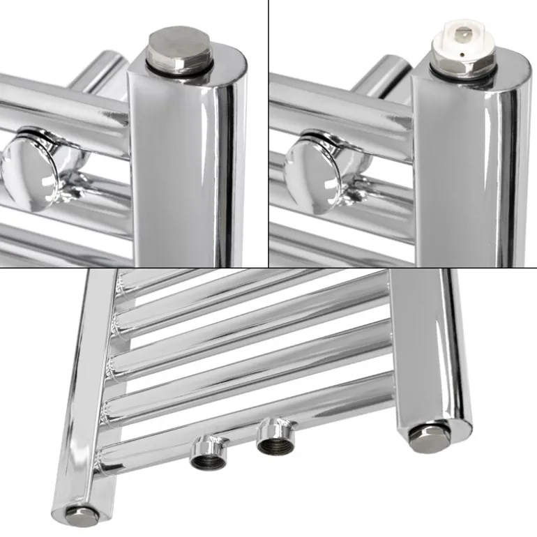 Badheizkörper Sahara 500x800 mm Chrome gebogen mit Mittelanschluss und Boden Anschlussgarnitur