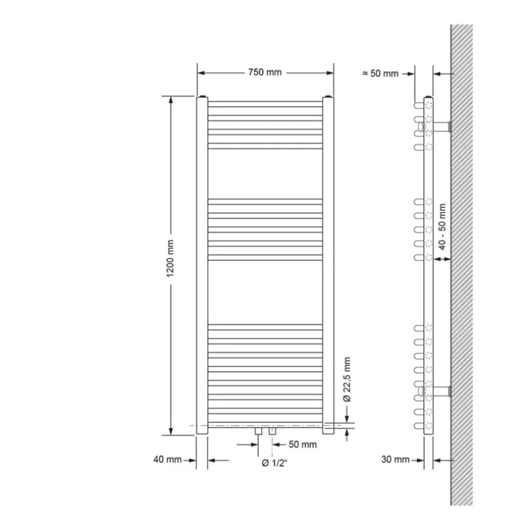 Badheizkörper Sahara 750x1200 mm Schwarz gebogen mit Universal Thermostatventil LuxeBath