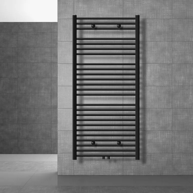 Badheizkörper Sahara 750x1500 mm Schwarz gerade mit Boden Thermostatventil LuxeBath