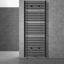 Badheizkörper Sahara 750x1800 mm Schwarz gerade mit Boden Thermostatventil LuxeBath