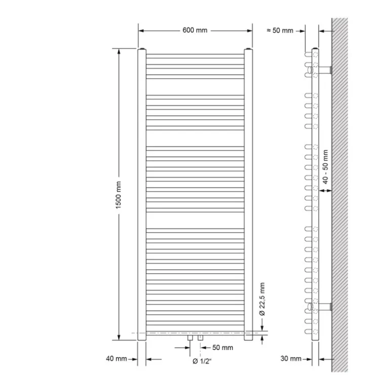 Badheizkörper Sahara 600x1500 mm Weiß gebogen mit Mittellanschluss und Boden Anschlussgarnitur