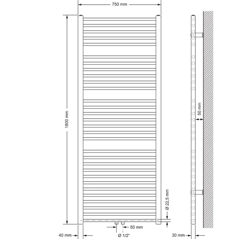 Badheizkörper Sahara 750x1800 mm Weiß gerade mit Mittelanschluss und Wand Anschlussgarnitur