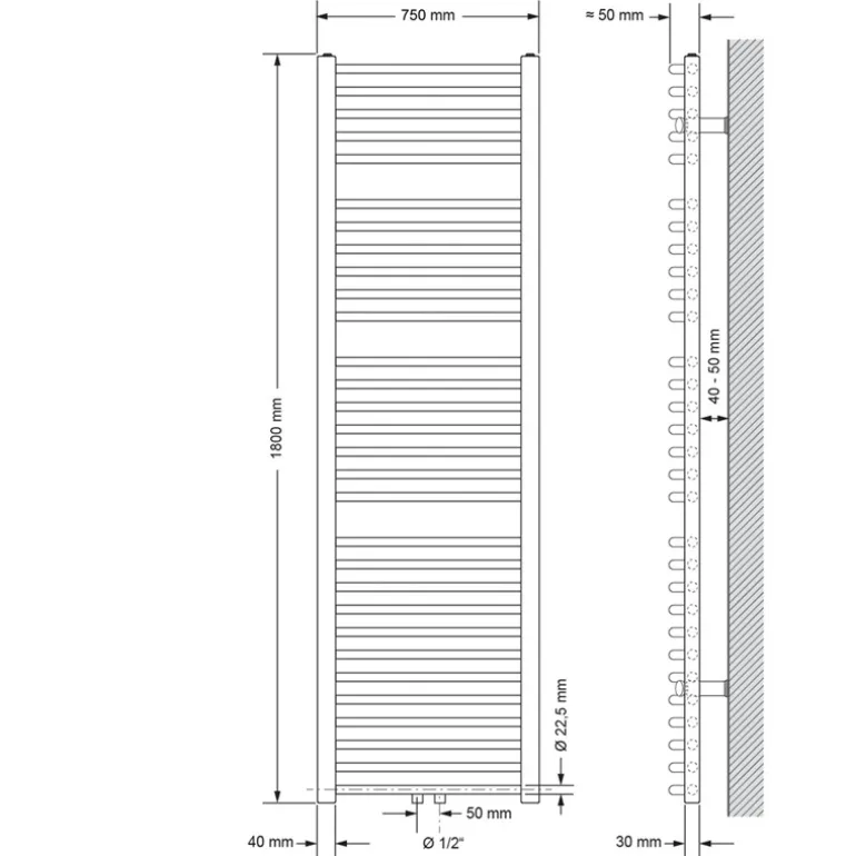 Badheizkörper Sahara 750x1800 mm Weiß gebogen mit Mittelanschluss und Wand Anschlussgarnitur LuxeBath