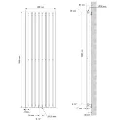 Badheizkörper Vertikal mit Mittelanschluss 480x1600 mm Schwarz matt LuxeBath