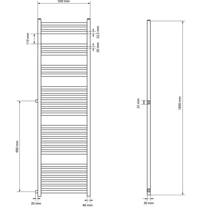 Badheizkörper 500x1800 mm Weiß gerade mit Seitenanschluss LuxeBath