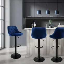 Barhocker 2er Set Blau Samtbezug mit Rückenlehne und Fußstütze höhenverstellbar 62-82cm ML-Design