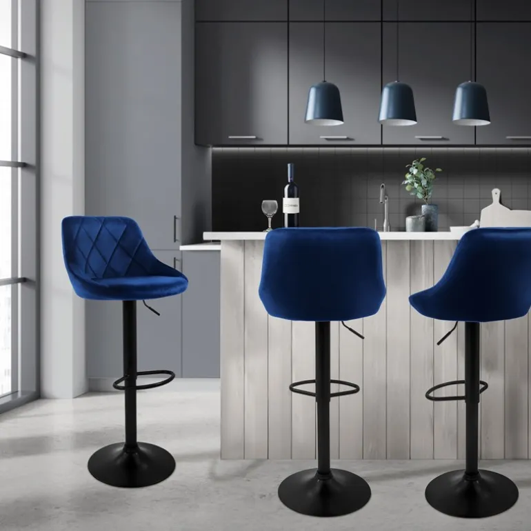 Barhocker 2er Set Blau Samtbezug mit Rückenlehne und Fußstütze höhenverstellbar 62-82cm ML-Design
