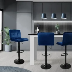 Barhocker 2er Set Blau Samtbezug mit Rückenlehne und Fußstütze höhenverstellbar 63-83cm ML-Design
