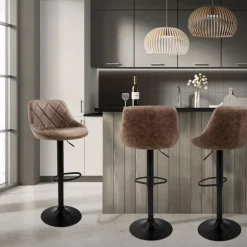 Barhocker 2er Set Braun Kunstlederbezug mit Rückenlehne und Fußstütze höhenverstellbar 62-82 cm ML-Design