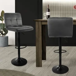 Barhocker 2er Set Grau Samtbezug mit Rückenlehne und Fußstütze höhenverstellbar 63-83cm ML-Design