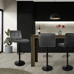 Barhocker 2er Set Grau Samtbezug mit Rückenlehne und Fußstütze höhenverstellbar 63-83cm ML-Design