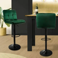Barhocker 2er Set Grün Samtbezug mit Rückenlehne und Fußstütze höhenverstellbar 63-83cm ML-Design