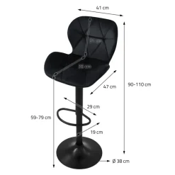 Barhocker 2er Set Schwarz Samtbezug mit Rückenlehne und Fußstütze höhenverstellbar 59-79cm ML-Design