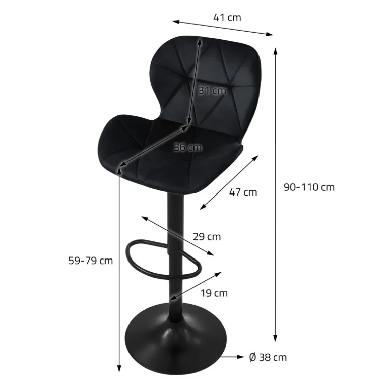 Barhocker 2er Set Schwarz Samtbezug mit Rückenlehne und Fußstütze höhenverstellbar 59-79cm ML-Design