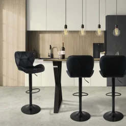 Barhocker 2er Set Schwarz Samtbezug mit Rückenlehne und Fußstütze höhenverstellbar 59-79cm ML-Design