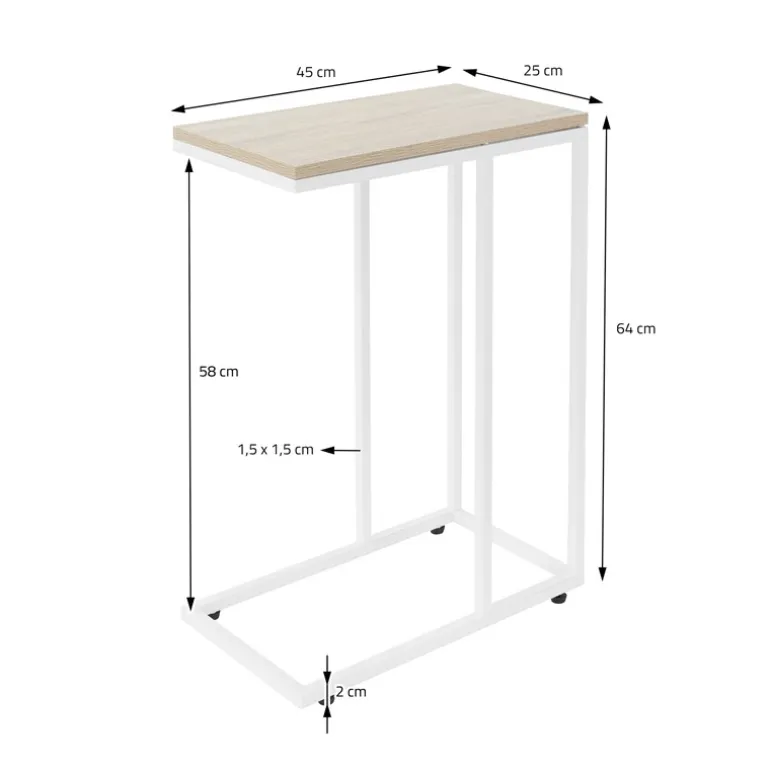 Beistelltisch C-Form 45x25x64 cm Weiß/Eiche aus Holz mit Metallgestell ML-Design