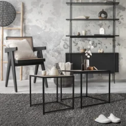 Beistelltisch 2er Set Schwarz/Eichenoptik aus Metall ML-Design