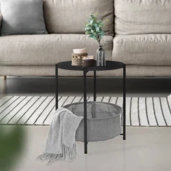 Beistelltisch rund Ø 46x51 cm Anthrazit aus Metall inkl. Tablett und Stoffkorb ML-Design