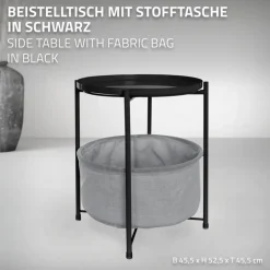 Beistelltisch rund 45,5x52,5 cm Schwarz aus Metall inkl. Stoffkorb und Tablett ML-Design