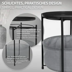 Beistelltisch rund 45,5x52,5 cm Schwarz aus Metall inkl. Stoffkorb und Tablett ML-Design