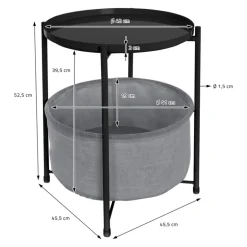 Beistelltisch rund 45,5x52,5 cm Schwarz aus Metall inkl. Stoffkorb und Tablett ML-Design